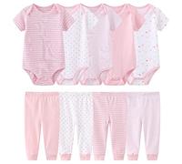 Chamie Body de manga corta para bebé recién nacido, pantalones de bebé de una sola pieza, 5 piezas con pantalones, 4 piezas de algodón puro, adecuado para niños y niñas, 0-12 meses, Pink2, 3-6 Months