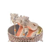 Champagne Color Crystal Knot High Heels Women's Shoes Wedding Two-Way Wear Elegant Style Fashion Single(Champagne 8cm,36)