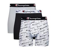 Champion Calzoncillos Tipo bóxer para Ropa Interior, Bolsa de Soporte Total, Paquete de 3 Unidades Hombres, Impresión Gris con Logotipo de Escritura/Nuevo ébano/Silverstone, XL (Pack de 3)