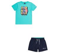 Champion Legacy Back To The Beach B-Graphic Crewneck T-Shirt & WR Shorts Conjunto Niños y Niños, Verde Aguamarina Azul Marino, 11-12 Years