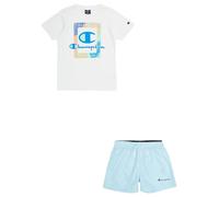 Champion Legacy Back To The Beach B-Graphic Pastel Crewneck Camiseta & WR Shorts Completo, Blanco/Azul Marino, 7-8 Years para Niños