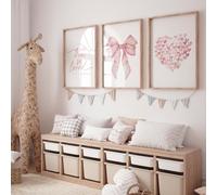 Champracer Juego de 3 pósteres rosas estéticos con diseño de lazo de corazón rosa en lienzo, arte de pared para habitación de niña, sin marco (40 x 50 cm)