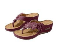 Chanclas de cuña para mujer, con soporte de arco floral, antideslizantes, puntera abierta, ortopédicas, para verano, caminar, playa, ajuste ancho, cómodas, zapatos de mujer del Reino Unido, vino, 37