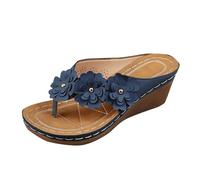 Chanclas de cuña para mujer, con soporte de arco floral, puntera abierta, de piel, antideslizantes, para verano, caminar, playa, ajuste ancho, cómodas, zapatos de mujer del Reino Unido, Blue, 40.5 EU