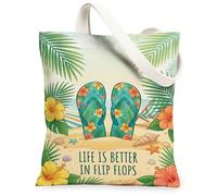 Chanclas de lona para mujer, verano, tropical, hibisco, hojas de palma, verano, turquesa, lavable, reutilizable, bolsa de mercado B, Turquesa, 13x15 Inch