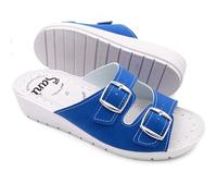 Chanclas de mujer con doble banda pantuflas sanitarias sandalias hebilla ajustable de piel auténtica punta abierta, azul claro, 38 EU