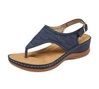 Chanclas de piel para mujer, sandalias de piel suave para mujer, sandalias de dedo abierto, transpirables, zapatos ortopédicos, cómodas, sandalias planas, azul, 38 EU