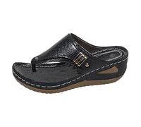 Chanclas de piel Peep Toe para mujer, sandalias de cuña, sandalias de cuña, sandalias con tacón de cuña, sandalias ortopédicas, sandalias antideslizantes, Negro , 38 EU