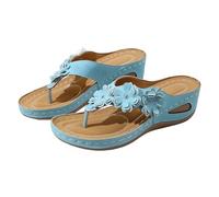 Chanclas de plataforma floral 3D para mujer, elegantes, informales, puntera abierta, zapatos de verano para vacaciones, playa, viajes, azul celeste, 37 EU