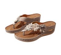 Chanclas de plataforma floral 3D para mujer, elegantes, informales, puntera abierta, zapatos de verano para vacaciones, playa, viajes, Khaki, 39 EU