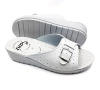 Chanclas de verano para mujer, cómodas, zapatillas de piel auténtica con hebilla ajustable de punta abierta, sandalias sanitarias con banda, Color blanco., 36 EU