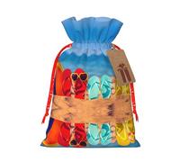 Chanclas en una playa de arena con estampado de bonita bolsa de Navidad con diseño de cordón de 4.7 x 6.9 pulgadas para fiesta de Navidad, embalaje de regalo de cumpleaños