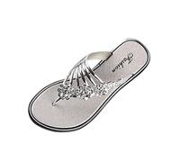 Chanclas para mujer con flores, sandalias planas, sandalias bohemias, cómodas, sandalias de playa a la moda, suela fija, transpirables, sin cordones, zapatillas de baño, plata, 40 EU
