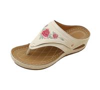 Chanclas para mujer - Entre-Doigt de piel, Mulas sandalias para mujer, verano de cuña, patrón de flores bohemias, suela gruesa de cuña, chanclas casuales de playa para primavera-verano, salida