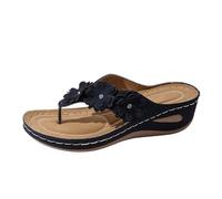 Chanclas para mujer, sandalias de cuña - Slip On Poner, entre-Dedo, flores decorativas con recortes calados de piel, suela de cuña para verano, ocio, salida casual y comodidad diaria, 01 azul oscuro