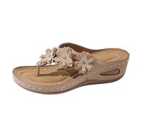 Chanclas para mujer, sandalias de cuña - Slip On Poner, entre-Dedo, flores decorativas con recortes calados de piel, suela de cuña para verano, ocio, salida casual y comodidad diaria, 01 caqui, 37 EU