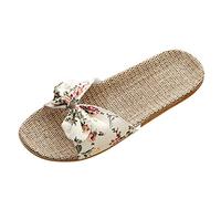 Chanclas planas para mujer, con cojín ortopédico, con lazo floral, correa cruzada, soporte de arco, antideslizantes, para caminar, de algodón, ligeras, informales, con tiras, beige, 37.5 EU