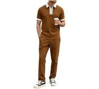 Chándal casual para hombre con cuello polo, camisa de manga corta y pantalones largos a juego, ajuste regular (marrón XXL)