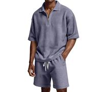 Chándal corto para hombre, 2 piezas, pantalones cortos y camiseta de entrenamiento, traje deportivo Waffle Y2K, traje de ocio con cremallera transpirable de dos piezas para hombres traje de verano