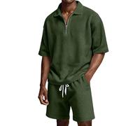 Chándal corto para hombre, 2 piezas, pantalones cortos y camiseta de entrenamiento, traje deportivo Waffle Y2K, traje de ocio con cremallera transpirable de dos piezas para hombres traje de verano