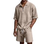 Chándal corto para hombre, 2 piezas, pantalones cortos y camiseta de entrenamiento, traje deportivo Waffle Y2K, traje de ocio con cremallera transpirable de dos piezas para hombres traje de verano