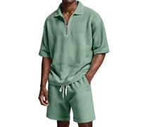 Chándal corto para hombre, 2 piezas, pantalones cortos y camiseta de entrenamiento, traje deportivo Waffle Y2K, traje de ocio con cremallera transpirable de dos piezas para hombres traje de verano