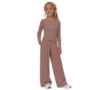 Chándal de 2 piezas para niñas, camiseta de manga larga con cuello redondo, pantalones holgados de pierna ancha, suaves y cómodos para niñas, uso diario en interiores y exteriores (rojo ladrillo, 3-4