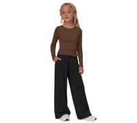 Chándal de 2 piezas para niñas, camiseta de manga larga con cuello redondo, pantalones holgados de pierna ancha, suaves y cómodos para niñas, uso diario en interiores y exteriores (marrón, 3-4 años)