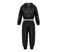 Chándal de carnaval divertido para mujer y niña, lentejuelas brillantes, ropa de baile de calle, hip hop, jazz dance performance, tops con longitud completa, Negro , XL