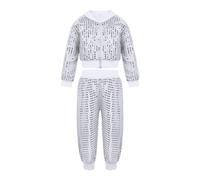Chándal de carnaval divertido para mujer y niña, lentejuelas brillantes, ropa de baile de calle, hip hop, jazz dance performance, tops con longitud completa, plata, L