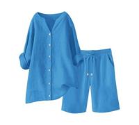 Chándal de manga corta y pantalones cortos para mujer, traje informal de ocio, cuello redondo, color sólido, ropa deportiva suelta, ropa de calle, traje de lino de dos piezas, blusa y pantalones