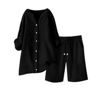 Chándal de manga corta y pantalones cortos para mujer, traje informal de ocio, cuello redondo, color sólido, ropa deportiva suelta, ropa de calle, traje de lino de dos piezas, blusa y pantalones