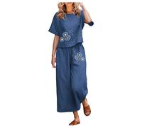 Chándal de mujer completo de algodón suelto ligero elegante chándal de verano casual algodón y lino camisa + pantalones transpirable Curvy Set Playa Primavera Cómodo Gimnasio Jogging Tracksuit, Marina