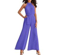 Chándal elegante para mujer - Jumpsuit de mujer - Una pieza y pelele - Mono elegante de encaje liso liso con cuello redondo retro - Mono largo de pierna ancha - Mono largo - Mono largo para cóctel