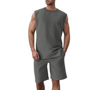 Chandal Hombre Completo Lino, Conjunto Deportivo Hombre Algodon, Deportivo Dos Piezas Formado por Chaleco Sin Mangas Y Pantalones Cortos Punto Top Fino Informal Y Color Liso Conjuntos Chándales