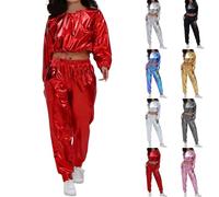 Chándal metálico de 2 piezas para mujer, traje de carnaval, camiseta de manga larga sin capucha, pantalones de entrenamiento, pantalones metálicos, traje de fiesta, traje de discoteca de 2 piezas