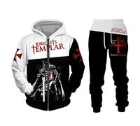 Chándal para Hombre Conjunto de 2 Piezas Caballeros Templarios con Cremallera Impresa en 3D Sudadera con Capucha y Pantalones de chándal Moda Sudadera Casual