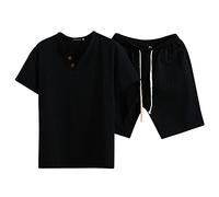 Chándal para hombre de verano de 2 piezas corto corto para hombre conjunto de brazo de verano de algodón sólido trajes de colores para hombres trajes y conjuntos chaleco árabe, Negro , 3XL