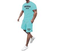 Chándal para hombre holgado, traje de verano, corto, dos mangas finas, deporte, ocio, corto, sudoración, cuello redondo, traje de ocio, manga corta, ropa de streatwear para hombres, O Verde Menta, S