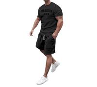 Chándal para hombre holgado, traje de verano, corto, dos mangas finas, deporte, ocio, corto, sudoración, cuello redondo, traje de ocio, manga corta, ropa de streatwear para hombres, O negro., L