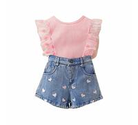 Chándal para niña, ropa deportiva, chándal, traje deportivo para niños, ropa de verano para niñas, estilo extranjero, malla de encaje, pantalones cortos de mezclilla bordados, Rosa., 1-2 años