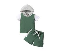Chándal para niños ropa deportiva informal con contraste de color de retazos de manga corta + cintura elástica juego de pantalones cortos de un solo color, juego de dos piezas, verde, 3-6 meses