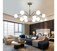 Chandelier 6-Lights Globe Mid Century Chandelier Sputnik Light Fixture with G9 Brushed Metal Finished with White Globe Glass Lampshade Dining Kitchen Island Bedroom Hanging/Black