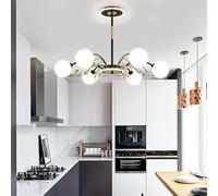 Chandelier 6-Lights Globe Mid Century Chandelier Sputnik Light Fixture with G9 Brushed Metal Finished with White Globe Glass Lampshade Dining Kitchen Island Bedroom Hanging/Black
