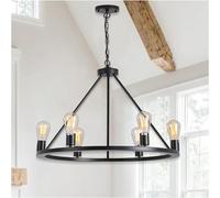 Chandeliers Black Wagon Wheel Chandelier, 6-Lights Round Metal Chandeliers, V-intage Industrial Pendant Ceiling Light Fixture Compatible with Living Room Kitchen