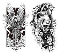 CHANGYUE 2pcs animales tatuajes pegatinas caballero y panda ola impermeable tatuaje de tatuaje koi pescado arte temporal de tatoo marcador de carrocería para hombres para hombres