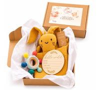 CHANSENY® - Estuche de nacimiento para bebé mixto premium - regalo nacimiento niña niño - 5 piezas algodón orgánico (conejo de peluche, mordedor de madera, silicona, babero, bolsa de regalo, tarjeta