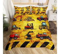 Chantier De Construction Voiture Bed Set 220x230cm pour Enfants Pelle Camion Parure Housse de Couette Machinery Voitures Housse de Couette Rétro Jaune Noir Chambre Décor 3Pcs