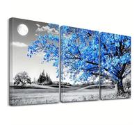 CHAOJIART 3 piezas modernas de árbol de la vida azul con iluminación de luna, pintura en lienzo, decoración de pared moderna para sala de estar, dormitorio, hogar, 50 x 70 cm x 3, marco interior.