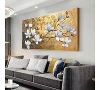 CHAOJIART Cuadro moderno abstracto floral sobre lienzo con flores doradas y amarillas en plena floración sobre fondo oscuro, decoración de pared para sala de estar (70x140cm/Sin marco)